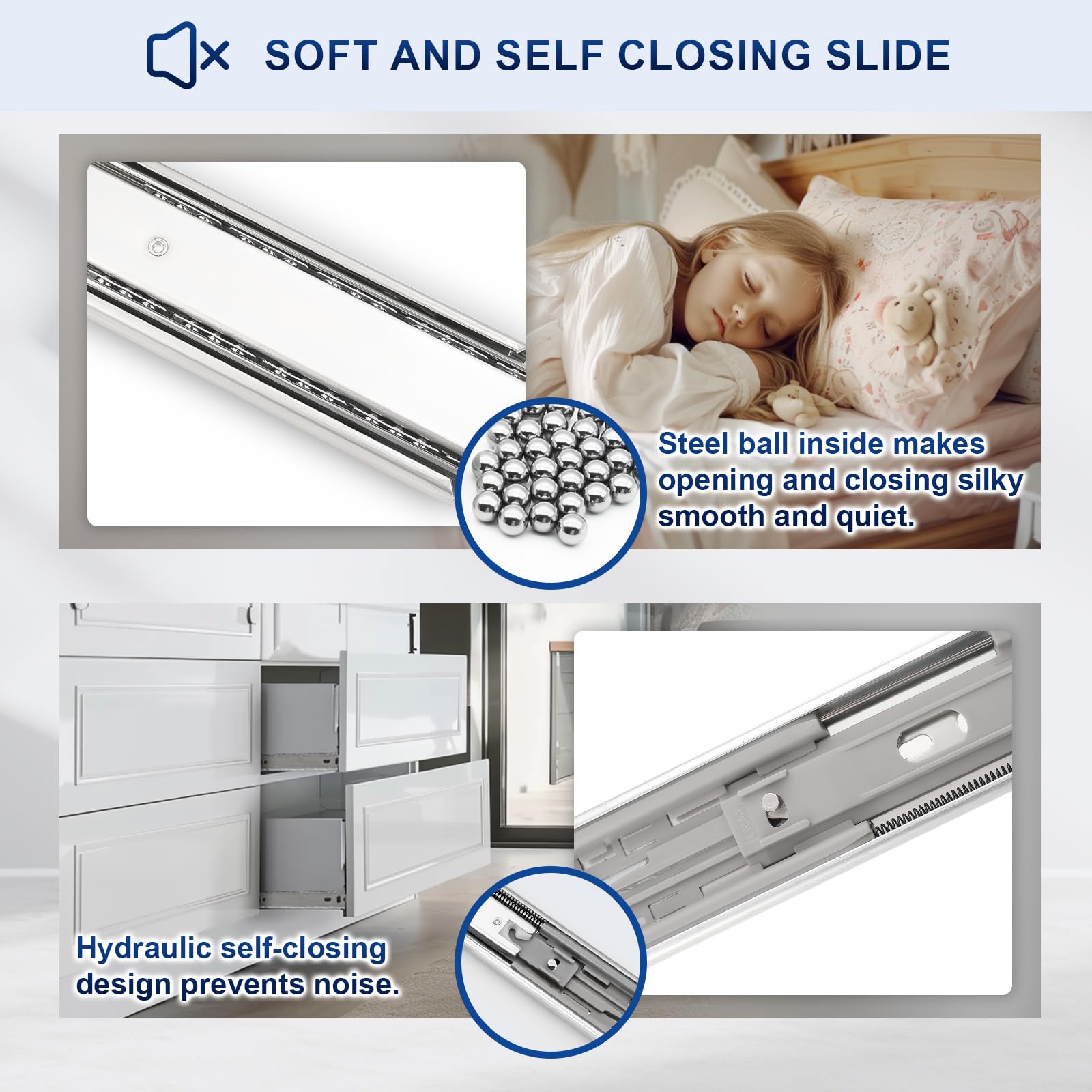 Probrico 1 Pair 22 Inch Rear/Side Mount Drawer Slides with Rear Mounting Brackets, Heavy Duty Ball Bearing Soft Close Drawer Glides, 3 Folds Full Extension Dresser Drawer Runners