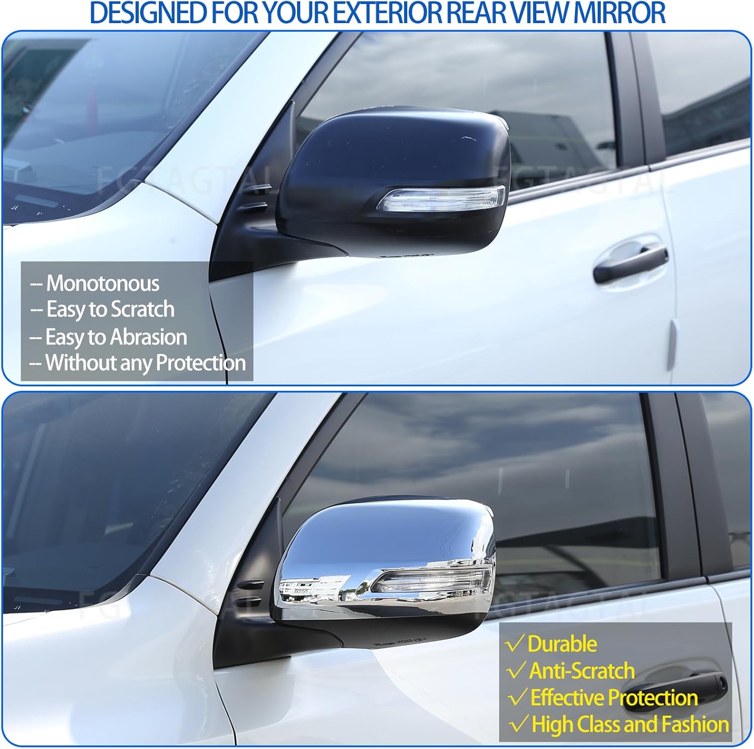 Door Rear View Mirror Cover Cap Compatible with Toyot@ Land Cruiser Prado FJ150 150 2010-2019, ABS Exterior Side View Mirror Cover Protective Trim Cap 2Pcs (Bright Silver)