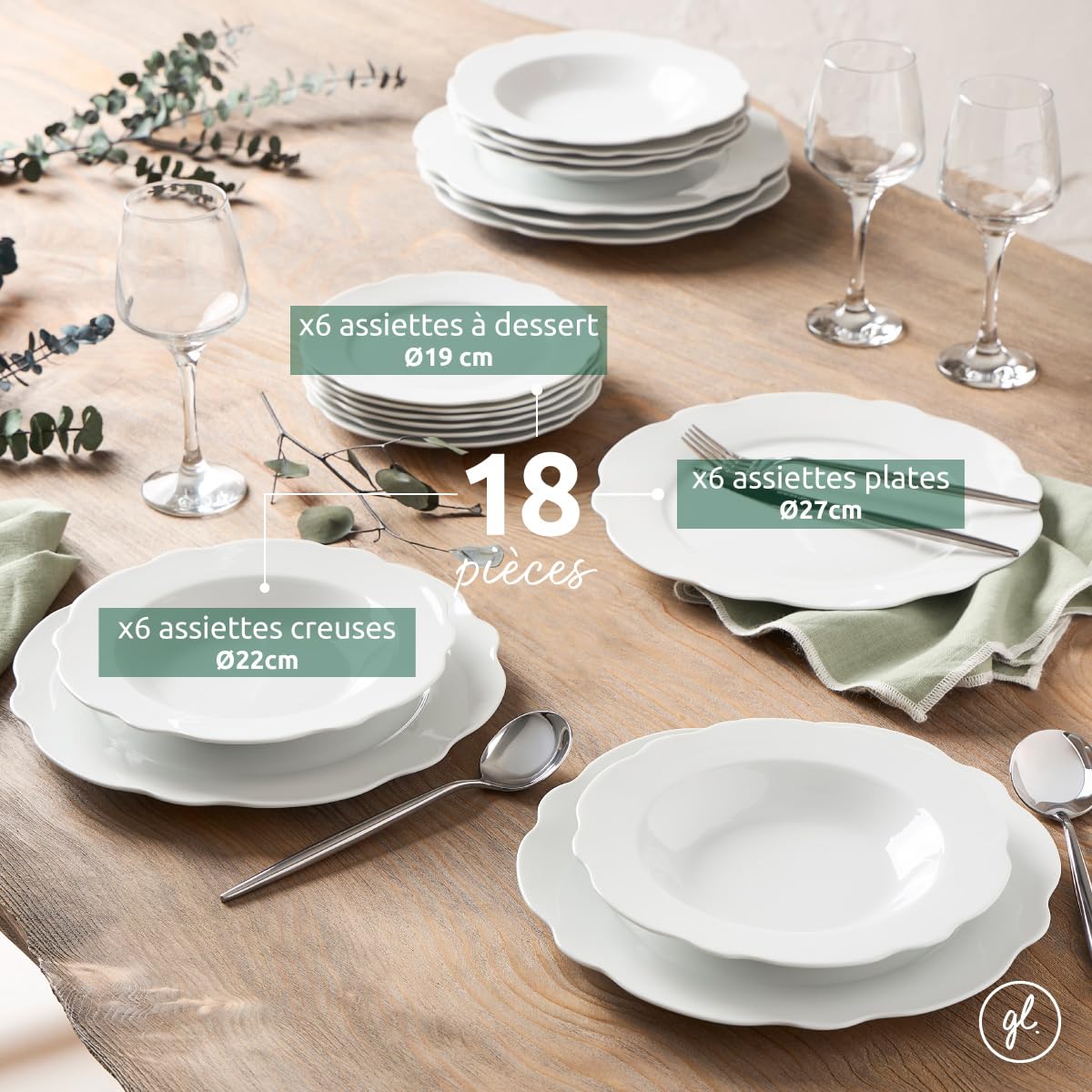Geneviève Lethu 545865 Vajilla de porcelana blanca para 6 personas (18 piezas, platos hondos), diseño de Viena