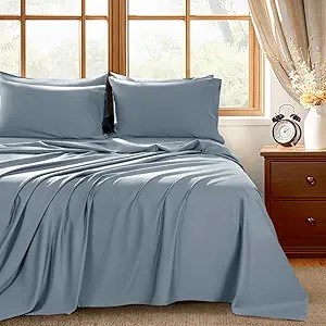 Shilucheng 100% Egyptian Cotton Queen Size Sheets Set - 1000 Thread Count,Luxury Cotton Bed Sheets,Breathable & Cooling Bedding and Pillow Cases, 16 Inch Deep Pocket - 6 Piece (French Blue, Queen)