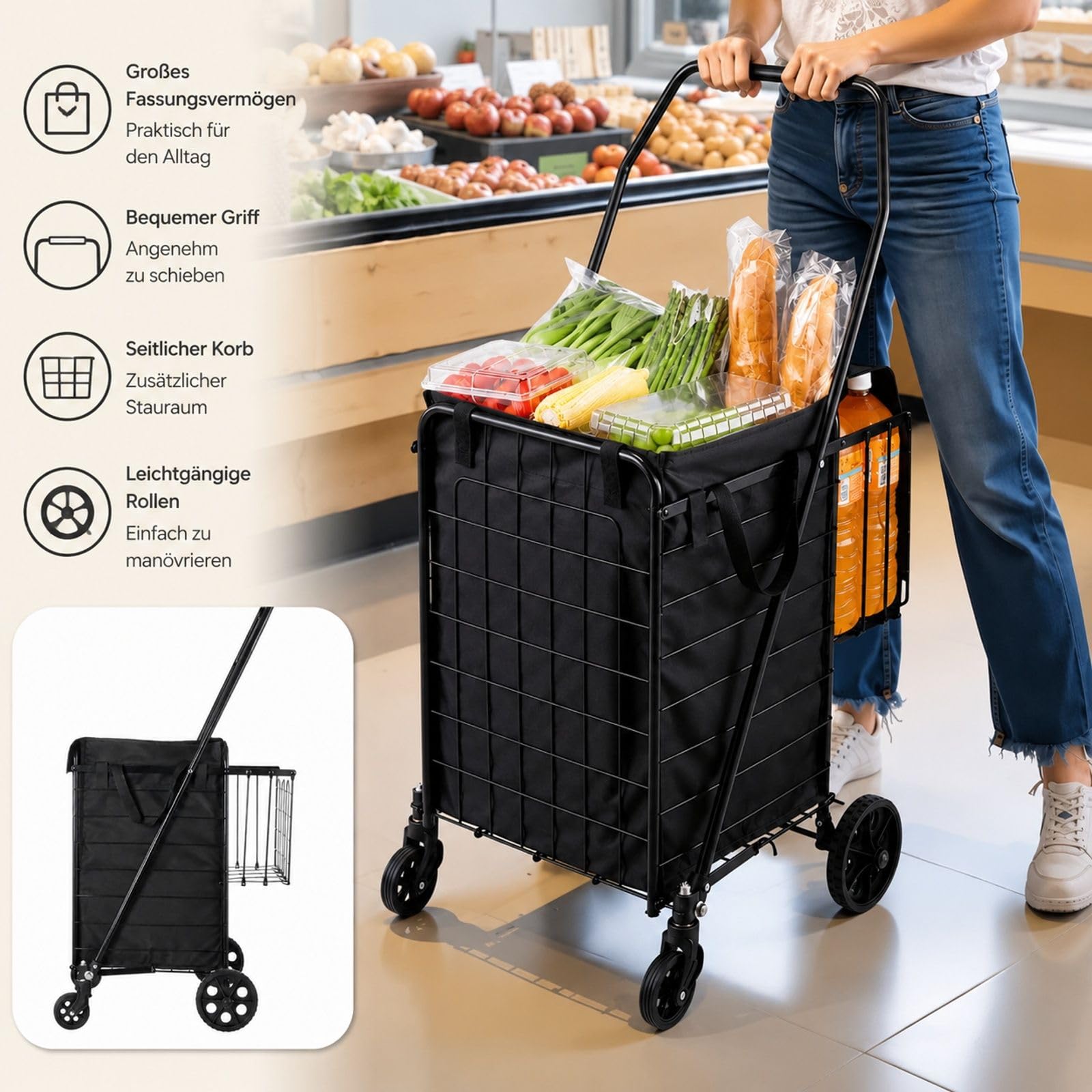 Zusammenklappbarer Einkaufsroller mit 2 Körben, Rollen und Auskleidung, für Wäsche, Einkaufen, Camping und Lebensmittel