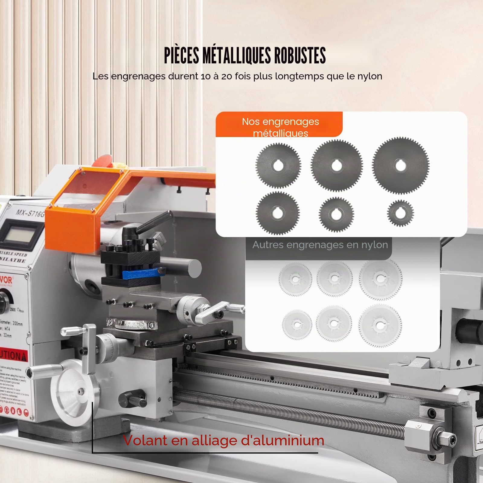 VEVOR Mini Tour à Métaux de Précision 17,8x40,6 cm 150-2500 tr/min Variable en Continu 800 W Moteur Sans Balais Mandrin 3 Mâchoires 100 mm Boîte à Outils pour Usinage Traitement de Pièces de Précision