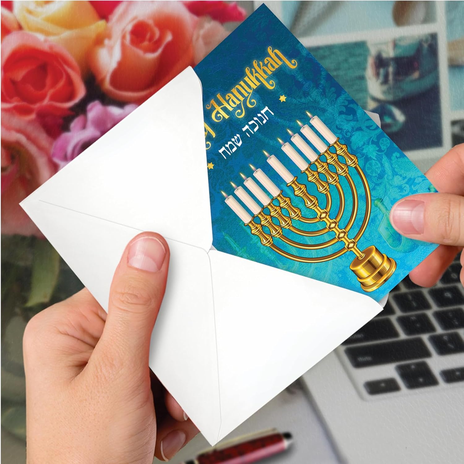 NobleWorks - 12 Chanukah Greeting Cards Boxed Set with 5 x 7 Inch Envelopes (1 Design, 12 Each) Jewish Holiday Cards Hanukkah Lights C6140AHKG-B12x1