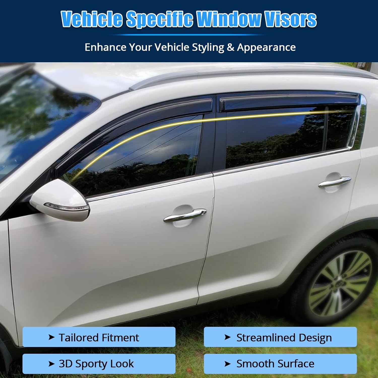 FREEMOTOR802 Tape-on Side Window Visors Wind Deflectors Rain Guards, Compatible with 2011-2016 Kia Sportage, Slim Style Smoke Tinted Acrylic 4 Pieces Vent Visors