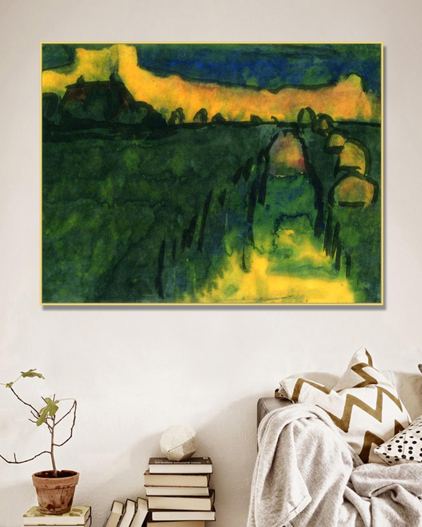 NHLDZYH Złota ramka. Nadruki Emil Nolde (Boathouse And Marsh), reprodukcje słynnych obrazów, abstrakcyjny obraz artystyczny do salonu sypialni wystrój domu. 50 x 65 cm