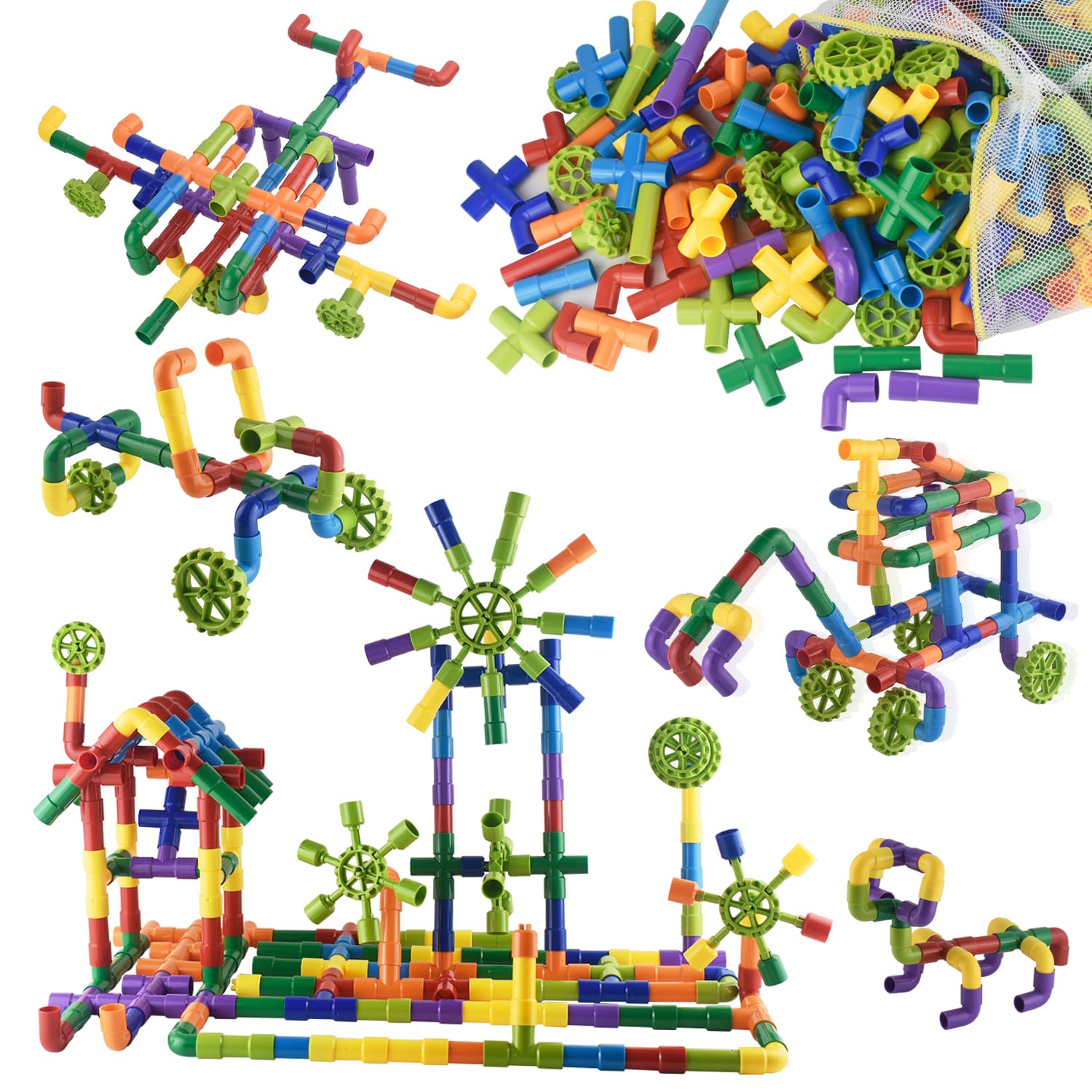 Dr.OX Tube Building Blocks, 242 Pieces Toy Pipe,Tubular Spout Construction Fun Educational Building Construction Toys with Wheels, Parts and Storage Bag for Kids Boys Girls Ages 3+