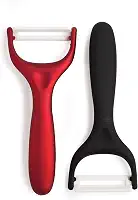 Cooking Light Conjunto de descascador de cerâmica com lâminas ultra afiadas e duráveis, alças ergonômicas ferramentas de cozinha pretas e vermelhas, 2 peças
