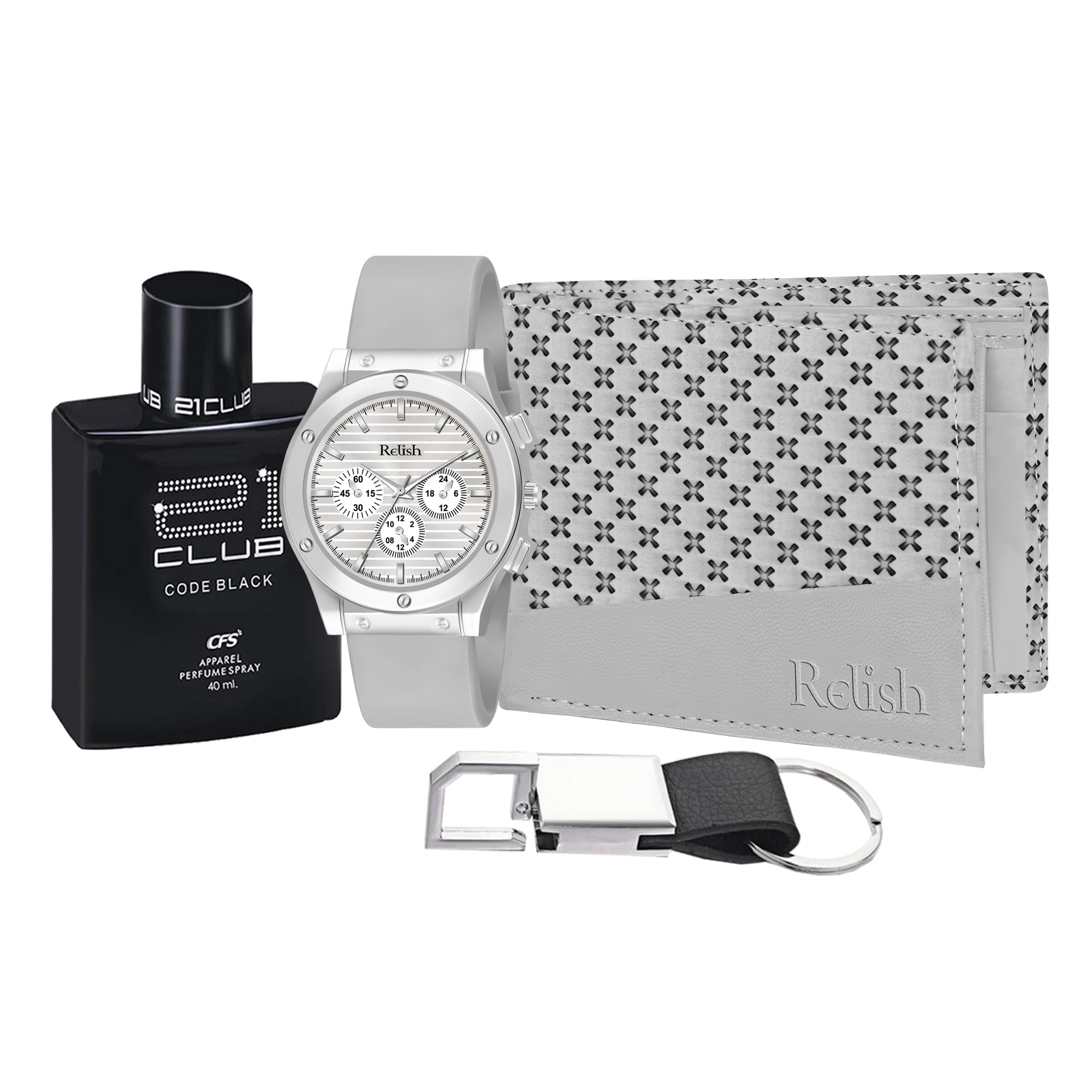 Relish Gift Combo Box Analog Silicone Strap Watch, Perfume, Grey Wallet and Key Chain for Mens (B0D5MGQF83) Amazon Price History, Amazon Price Tracker
