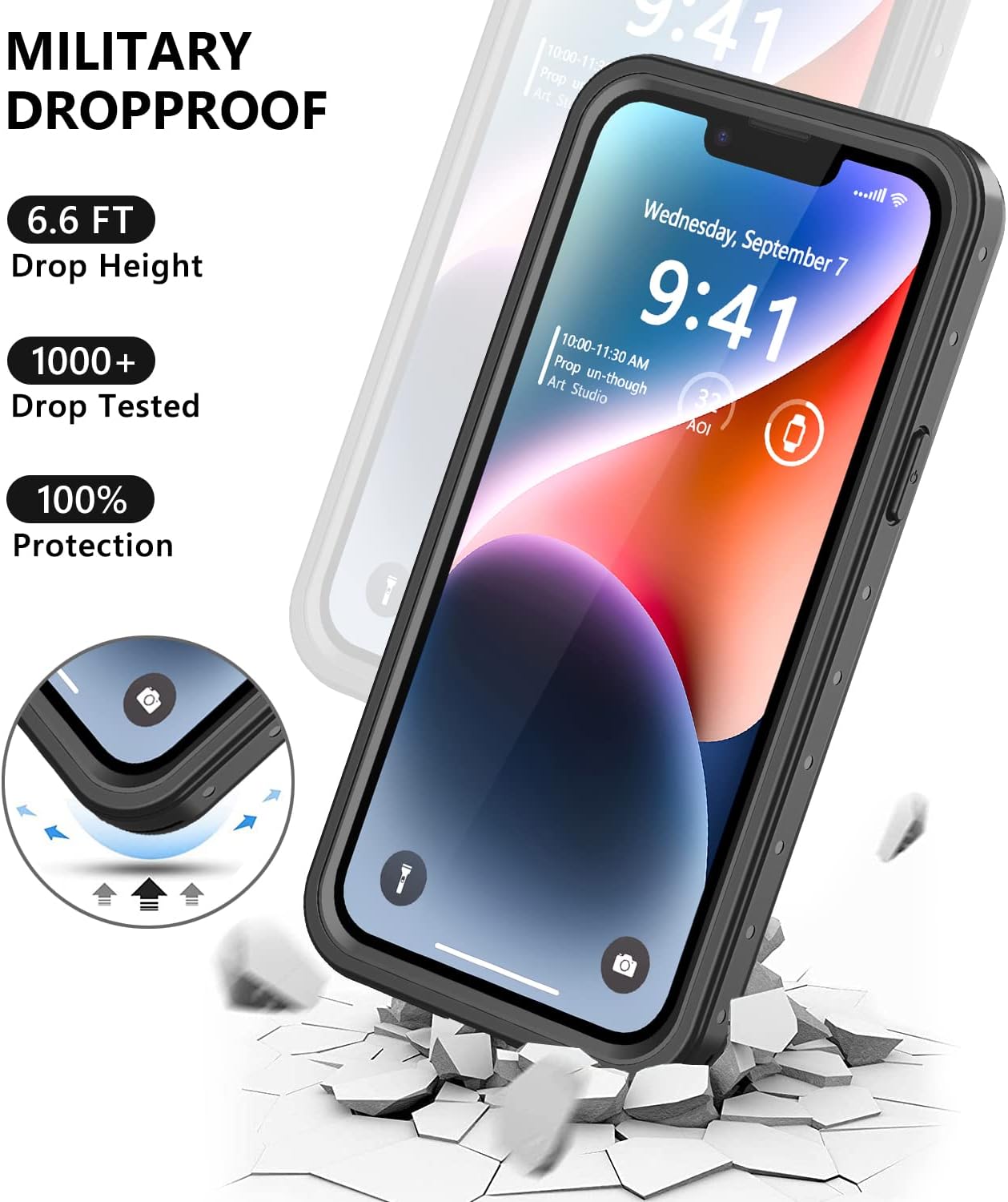Protebox for iPhone 14 Plus Waterproof Case with Built-in Screen Protector, Shockproof Dustproof Full Body Protective IP68 Waterproof Phone Case for iPhone 14 Plus 6.7 inch (Black/Clear)