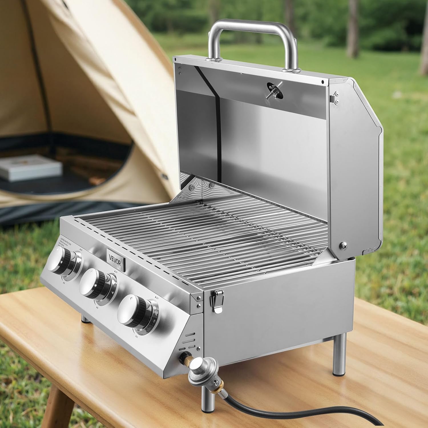VEVOR Tabletop Gas Grill, 3-Burner Stainless Steel Portable Propane Grill, with Built-in Thermometer, Travel Locks, Weatherproof Lid, 22,500 BTU Total, for Outdoor Cooking, Patio, Party, Camping, RV