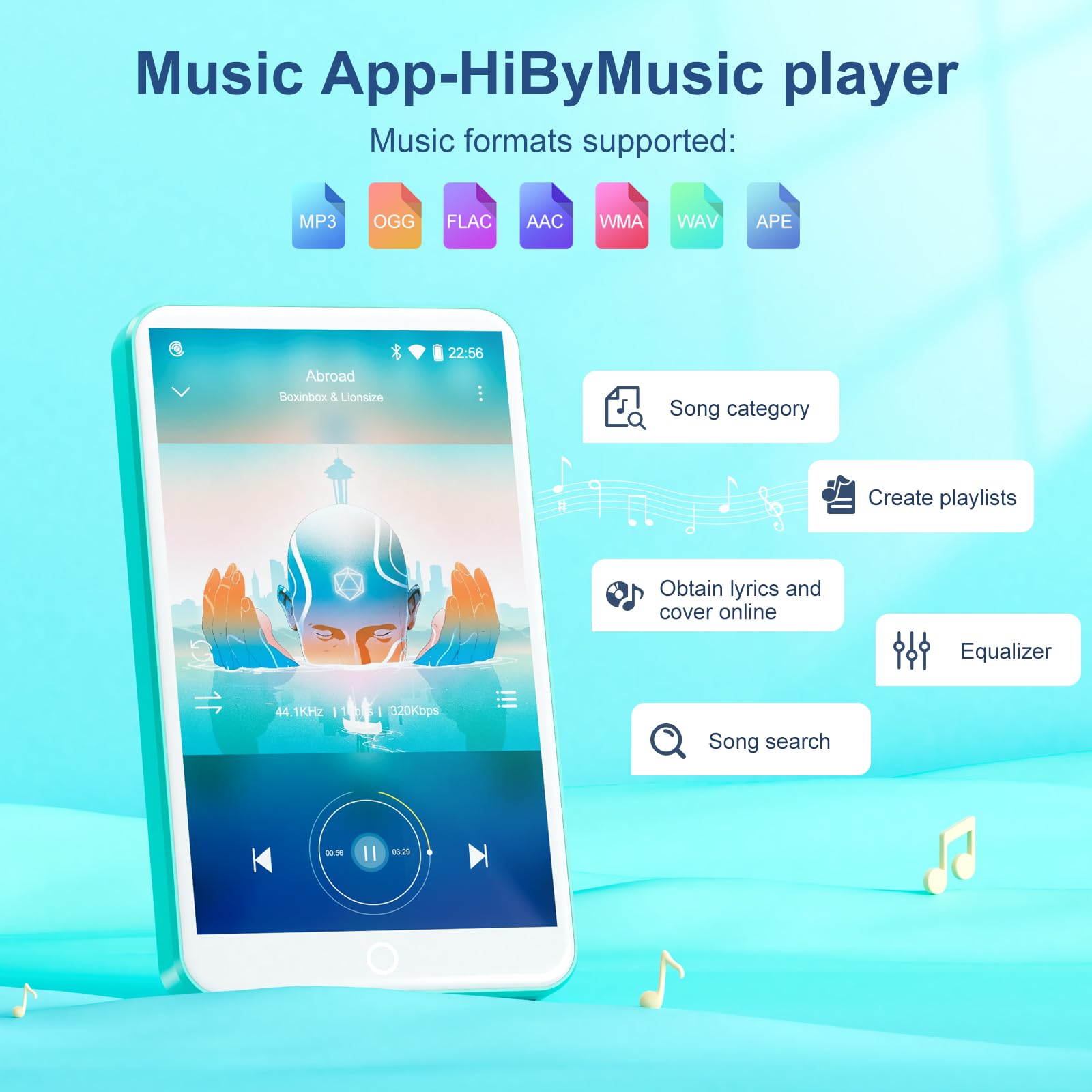 Lettore MP3 con Bluetooth e WiFi, Oilsky 80GB 4 pollici Android 9.0 Mp3, 1080P Touchscreen MP4 Player, Portable Music Player con Spotify, Audible, Deezer (Ciano)