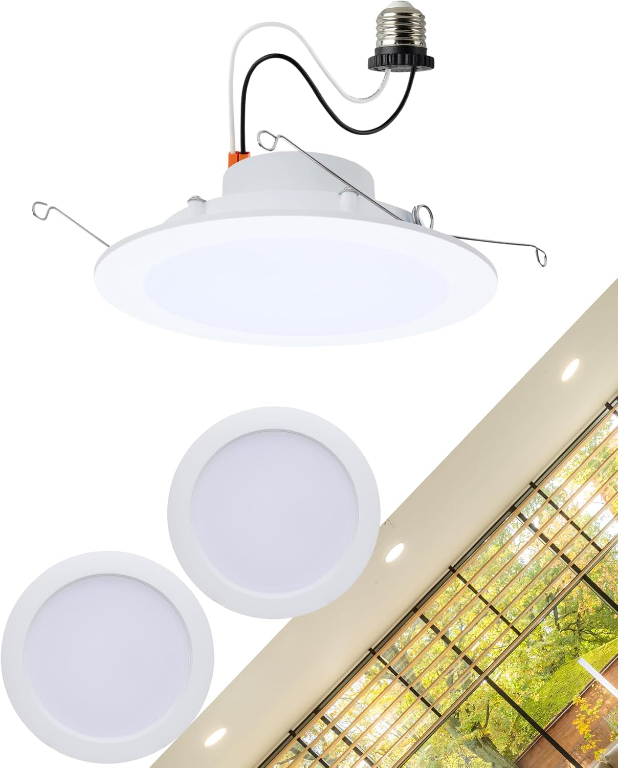 Satco S11892 10 Watt 6-Inch LED Downlight Retrofit Flat Wafer Round Matte White Finish CCT Selectable 2700K 3000K 3500K 4000K 5000K Energy Efficient Recessed Fixture (2 Pack)