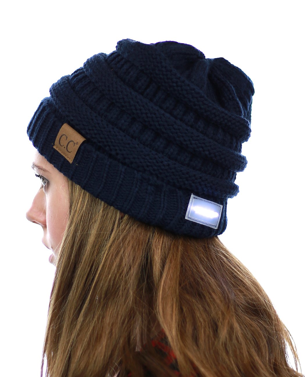 NYFASHION101 LED Hands Free Light Winter Cable Knit Cuff Beanie Hat, Navy