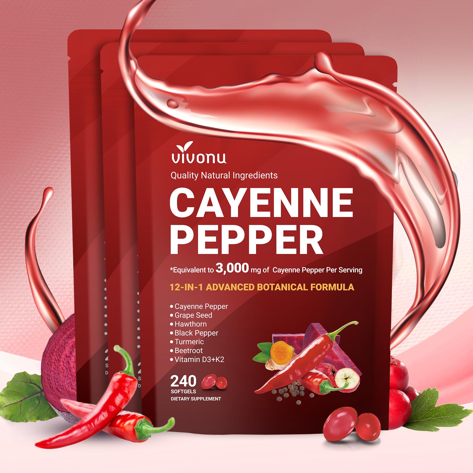 Cayenne Pepper Softgels Supplement, Supports Leg Vein, Heart and Blood Vessel Health, with Vitamin E D3+K2 and Extracts of Grape Seed, Hawthorn, Beetroot and Others