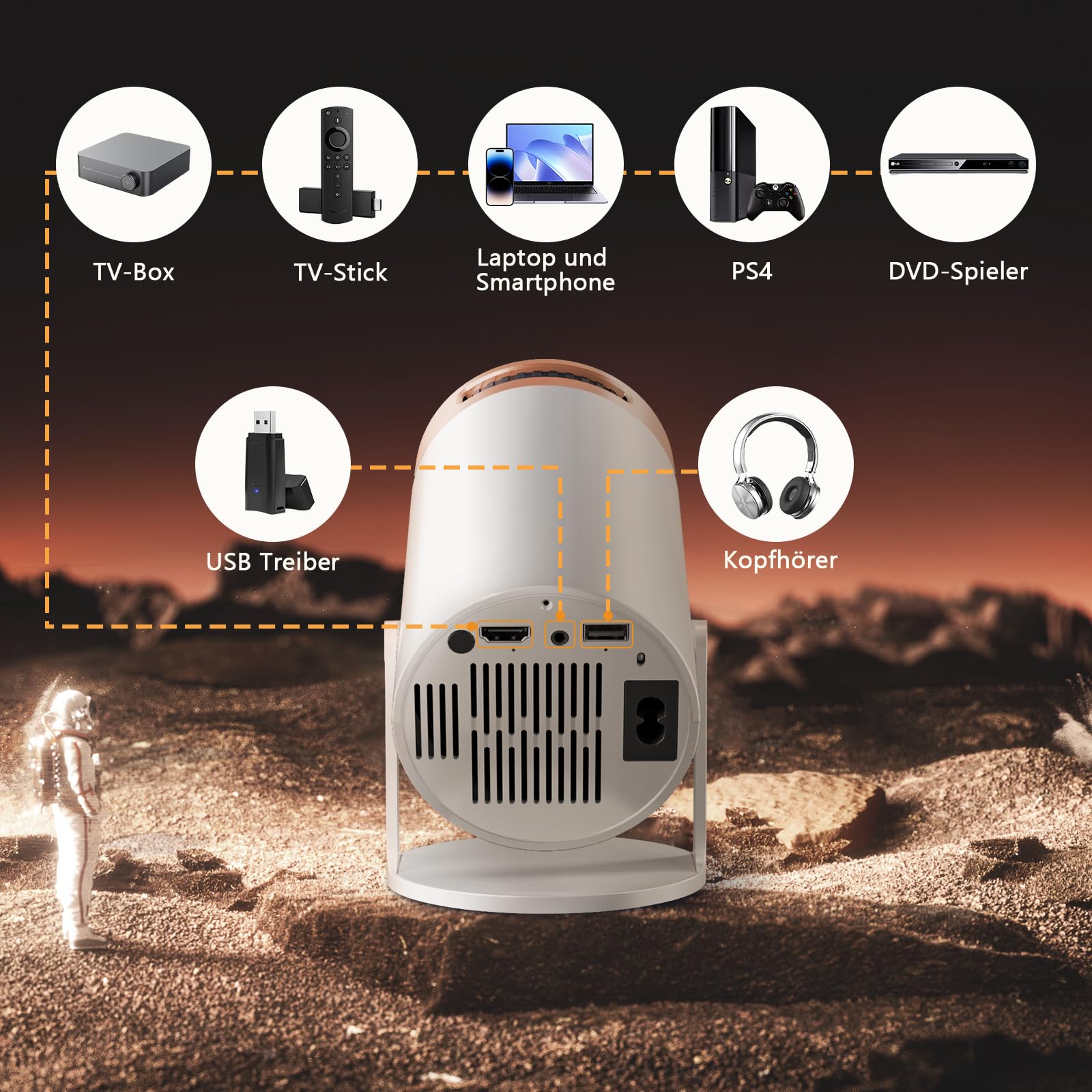 Mini Beamer 4k UnterstüTzt Android 13 Smart Projector 5G WiFi 6 BT 5.2 Mini Projektor Full HD 1080P Auto Horizontal Trapezoid Correction Beamer 180° Drehbarer Videoprojektor Kompatibel Phone HDMI USB
