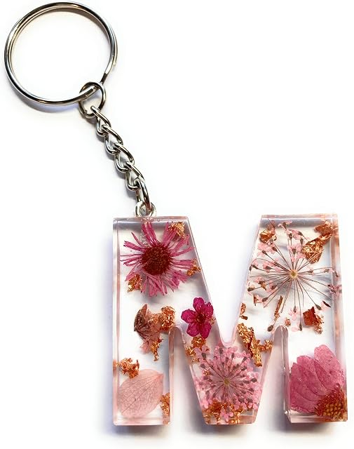 Handmade A-Z Letter Keyring with Pink Pressed Flowers and Rose Gold Foil. Ideal Keychain Gift or Bag Charm (M)