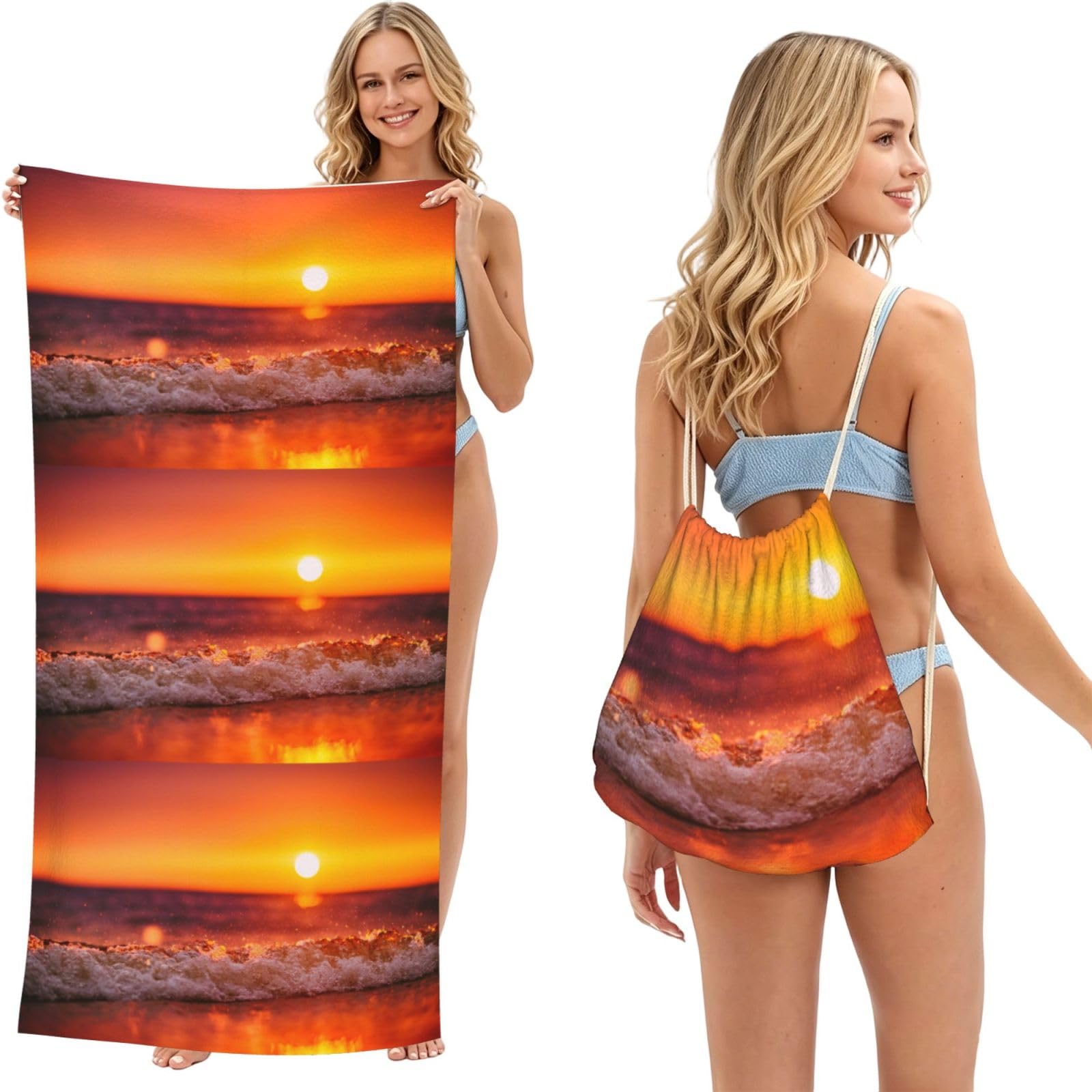 Poadnly As Picture Sunset With Sea Waves Printed, 2 In 1 Packable Towel Bag, Beach Towels With Drawstring Backpack For Travel Holiday Camping
