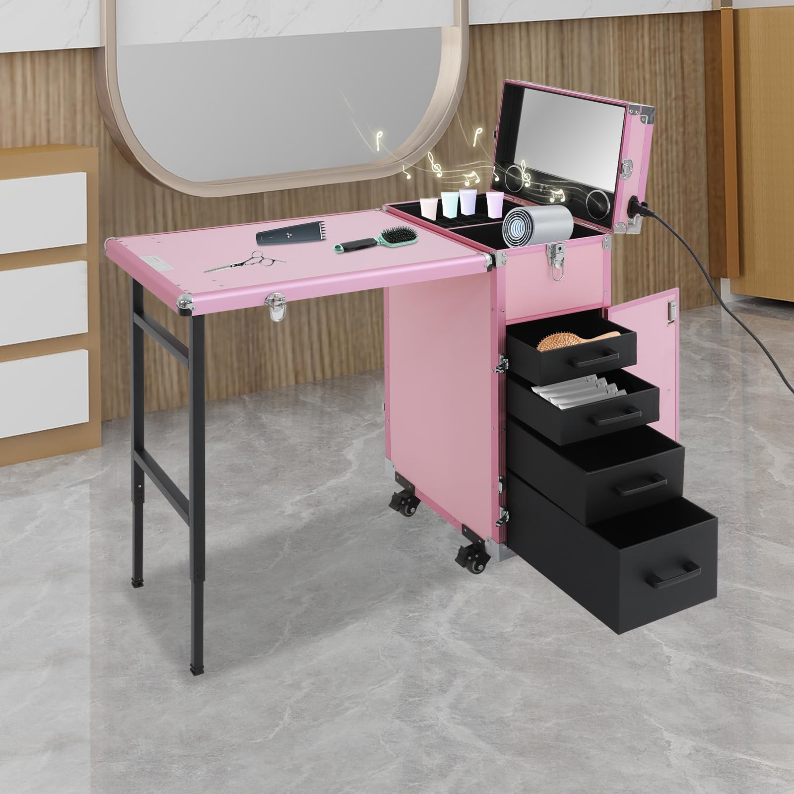Rolling walizka na stół do manicure, kuferek na kosmetyki, walizka fryzjerska z 4 szufladami i 4 kółkami, dla fryzjera, miejsca pracy, składana, nośność 50 kg, z Bluetooth (różowa)