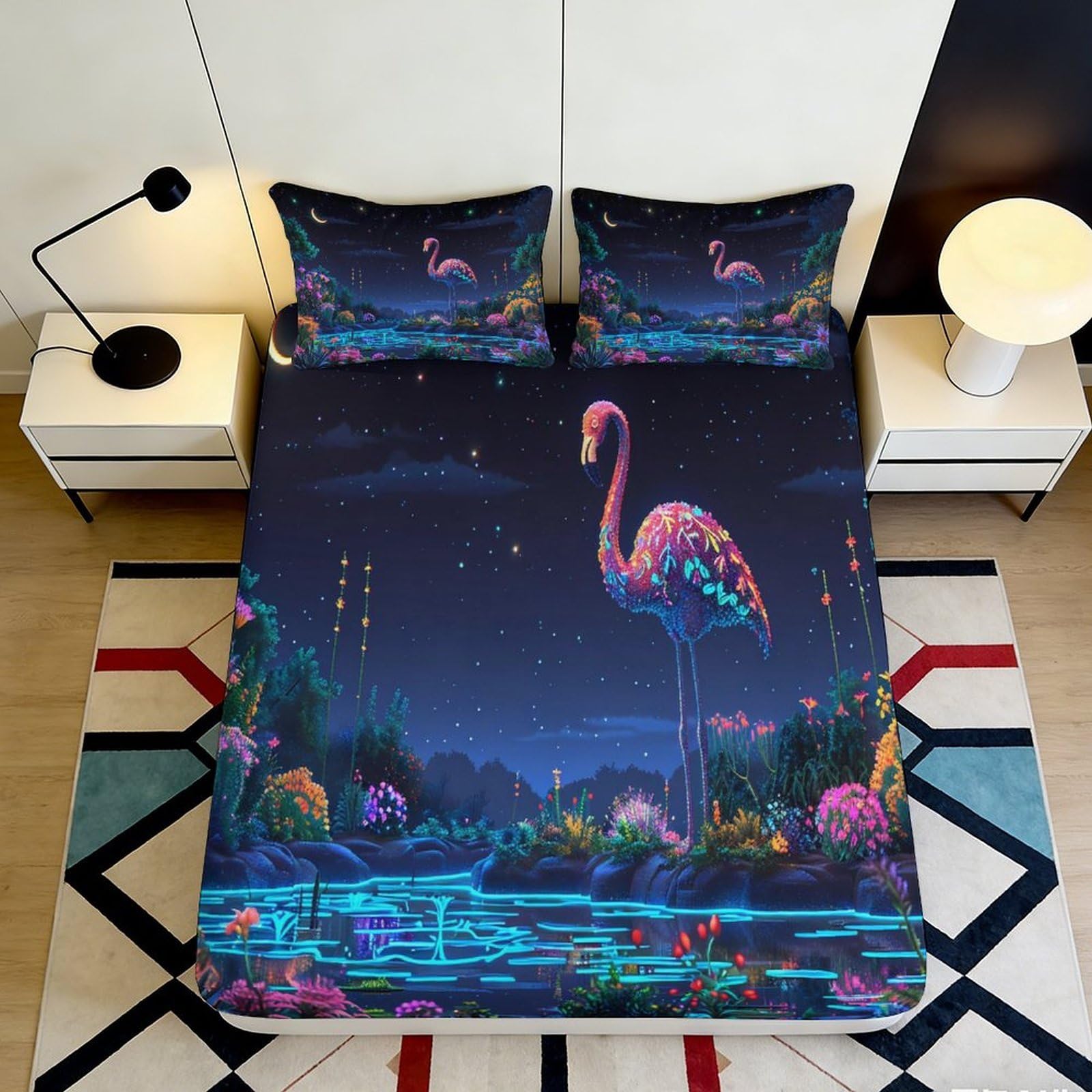 3D Printed Night Flamingo Fitted Sheet Microfiber Soft Breathable Lake Landscape Mattress Cover for Bedroom Dorm Decor 90x200x25cm