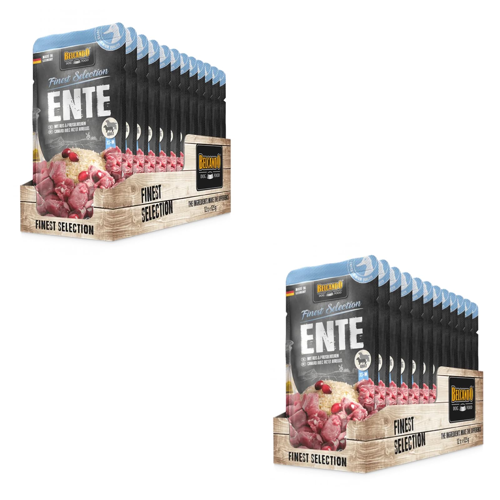 Belcando Finest Selection Adult Anatra con Riso & Mirtilli Rossi | Confezione Doppia | 2 x 12 x 125 g | Alimento completo per cani | Con Olio di Cartamo