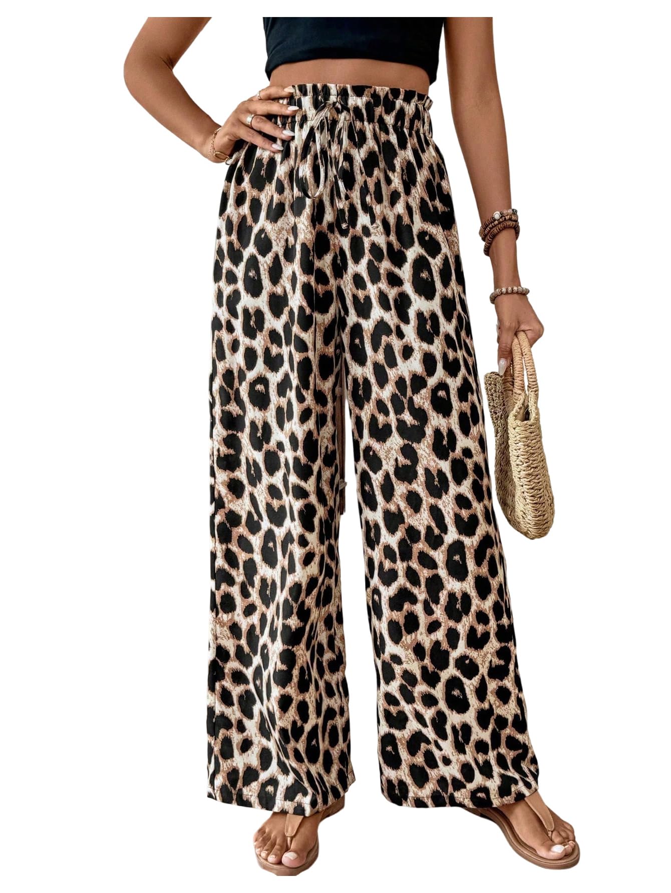 SHENHE Womens Leopard Print Wide Leg Palazzo Pants High Paperbag Waist Cheetah Trousers