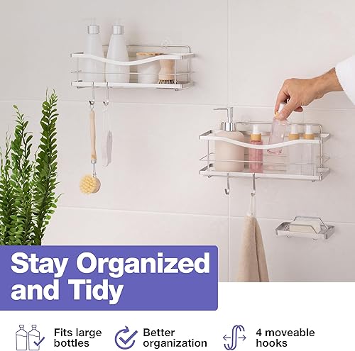 Miniatura 6 de KINCMAX Organizador de ducha y soporte para jabón, acero inoxidable SUS304 a prueba de óxido, montaje en pared adhesivo, cestas dobles, paquete de 3