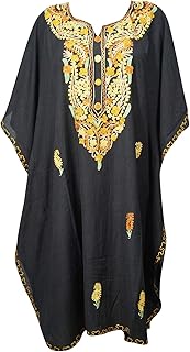 Mogul Interior Women Black Short Caftan Dress Embellished Resort Wear Kaftan 4XL