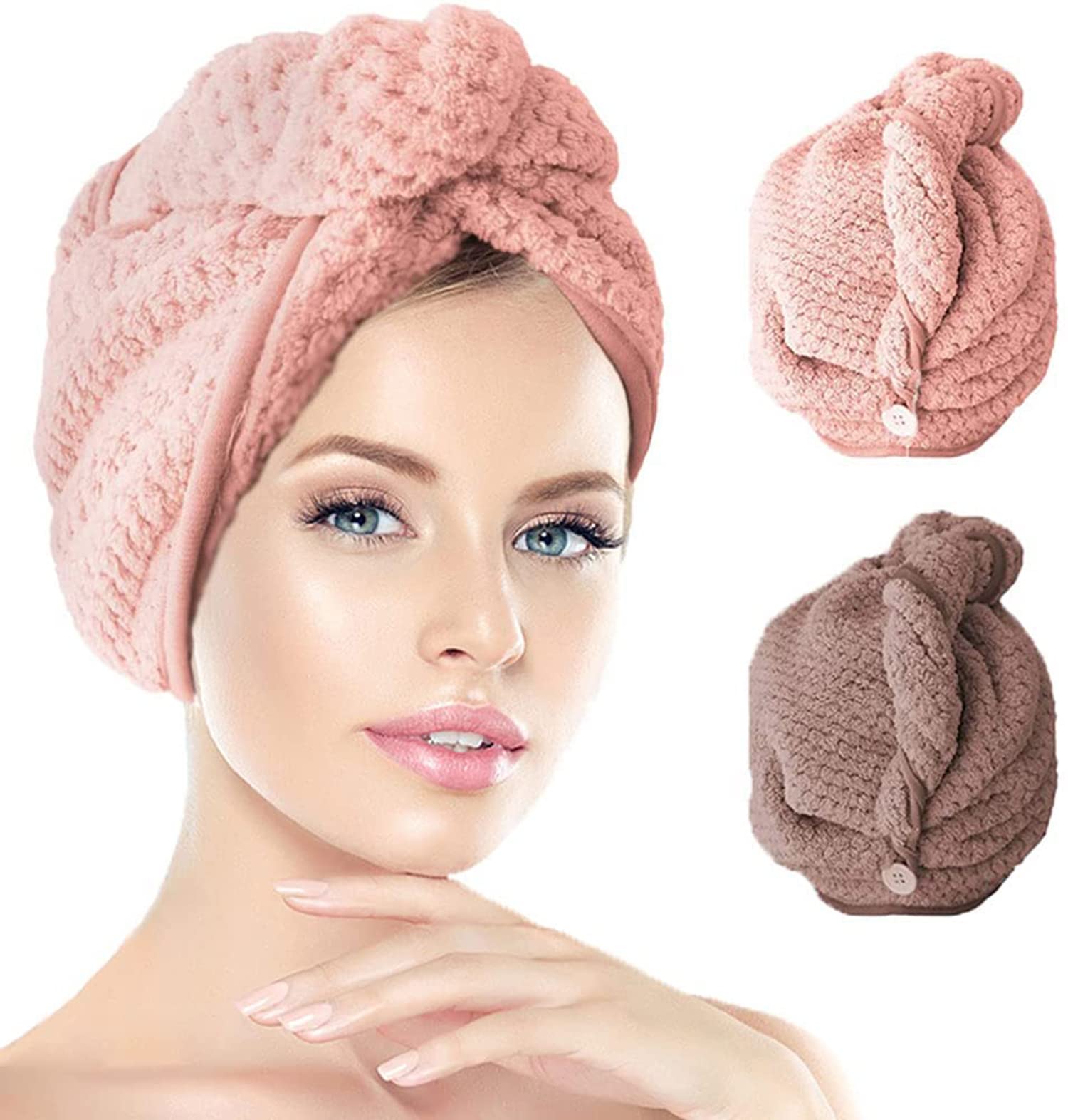 ELECDONMicrofibre Hair Towel, 2 Pack Microfiber Towel Wrap, Super Absorbent Twist Turban Dry Hair Towel with Buttons Hair Drying Towel, Turban Towel for Curly Hair-Women/Girls/Kids