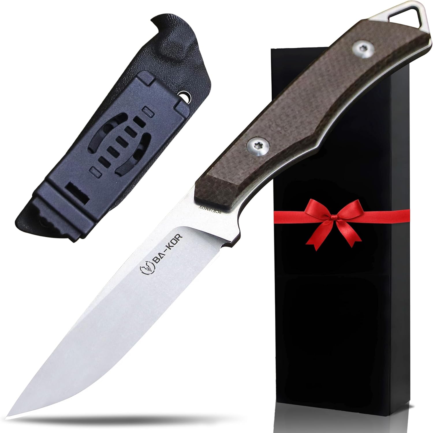BA-KOR 9Cr18MoV full-blade fixed knife with G10 handle, 8 inches long, 4mm thick stone-washed finish, and Kadesco sheath. Suitable for camping, survival in the jungle and outdoor survival. (Linen stem - sandblasted silver)