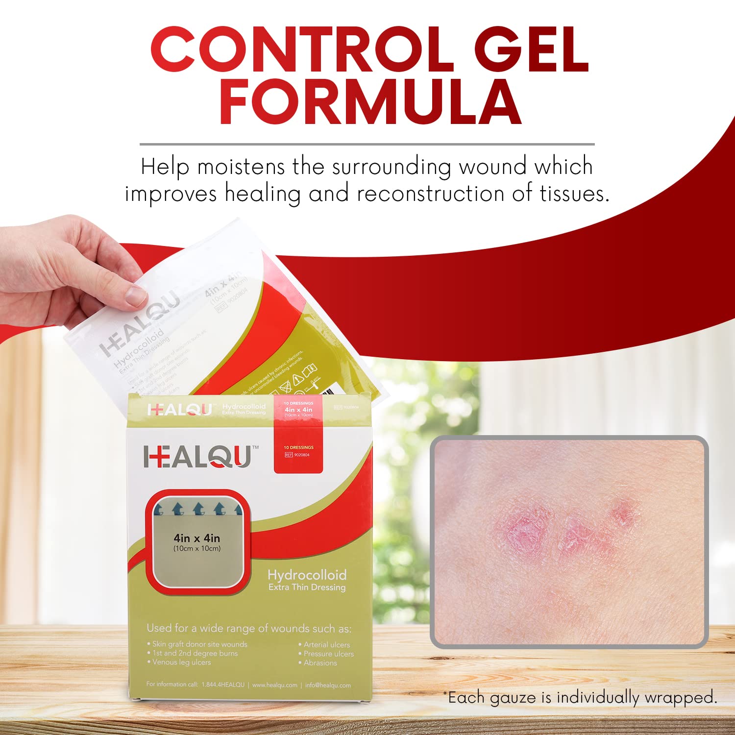 Healqu Apósito hidrocoloide para heridas - Bordeado de 4x4" - Caja de 10 vendajes grandes, abrasiones y más - Impermeable y absorbente con protección Estándar