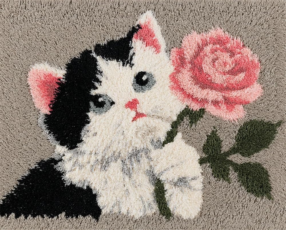 Kitquiver Rug Kits for Adults Latch Hook Printed Cat Holding A Rose DIY Crafts Crochet Yarn Handmade Embroidery with Printed Canvas Needlework for Home Decor 31X45In