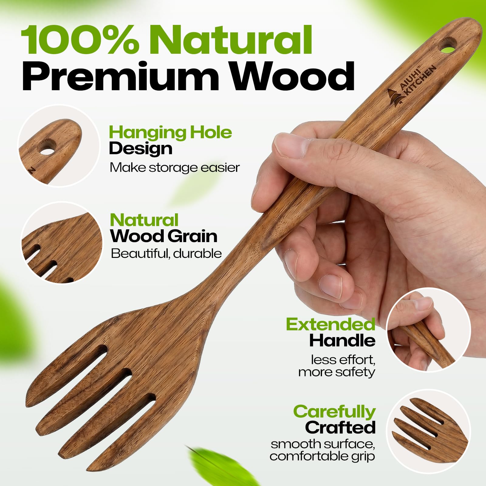 AIUHI Premium Teak Wood Salad Serving Fork, Ergonomic Handle Non-Scratch Wooden Cooking Fork, Durable Kitchen Utensil for Salad Mixing Pasta Tossing and Food Serving — Amazon image 6