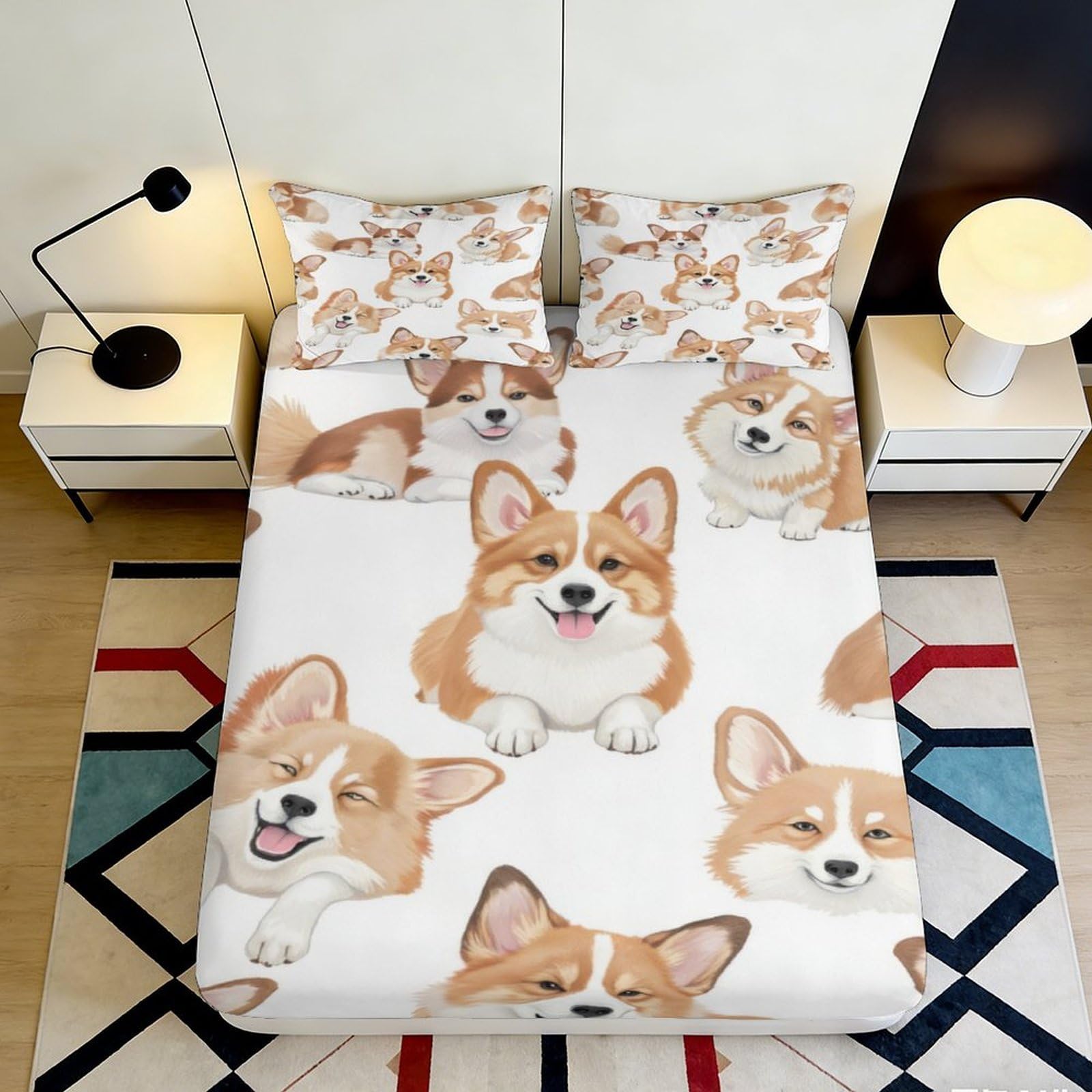 Decorative Corgi Pattern Fitted Sheet 3D Printed, Soft Microfiber, Bed Sheet for Home Bedroom, Wrinkle Resistant, Guest Room Bedding, Easy to Wash, White 90x200x25cm