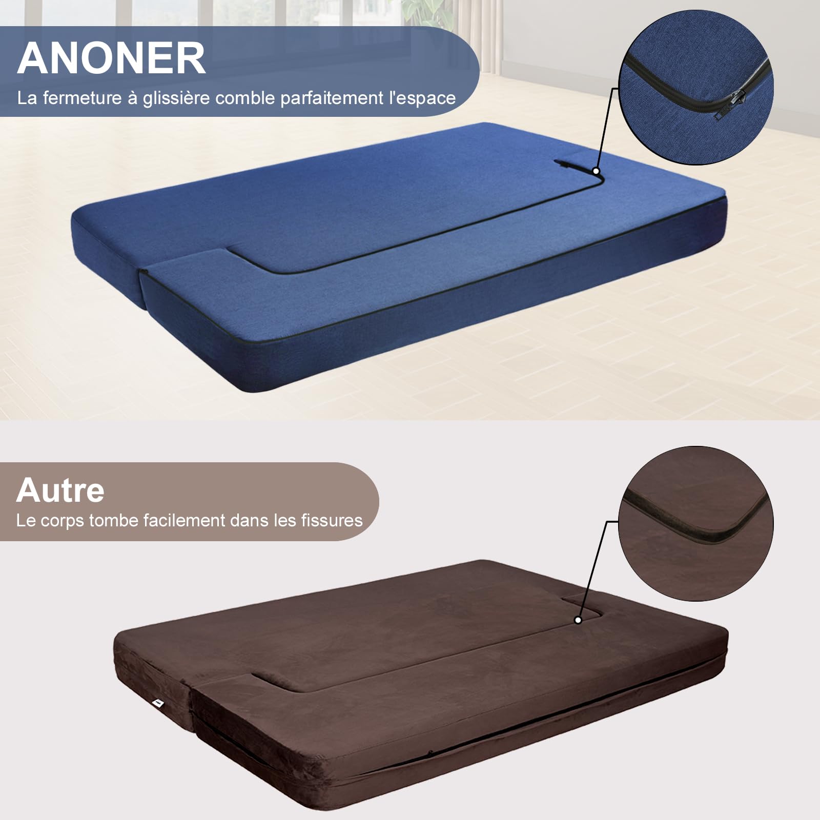 ANONER Canapé Lit Pliable 2 Places, Bleu Foncé | Canapé lit 2 en 1, mousse haute densité monobloc, hauteur assise 25cm, housse amovible, 190x137cm, salon et chambre