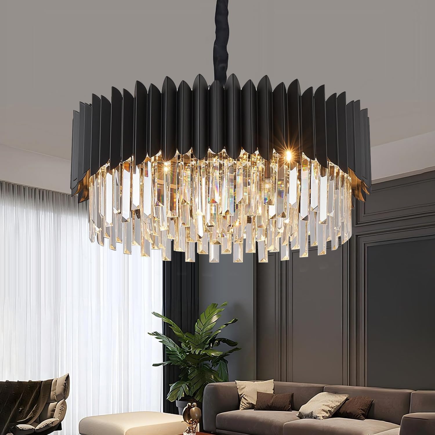 Modern Crystal Chandelier Round Black Pendant Lights 24" Modern Adjustable Height 3-Tier K9 Crystal Chandelier for Living Room Dining Room Kitchen Island Bedroom Foyer Entryway