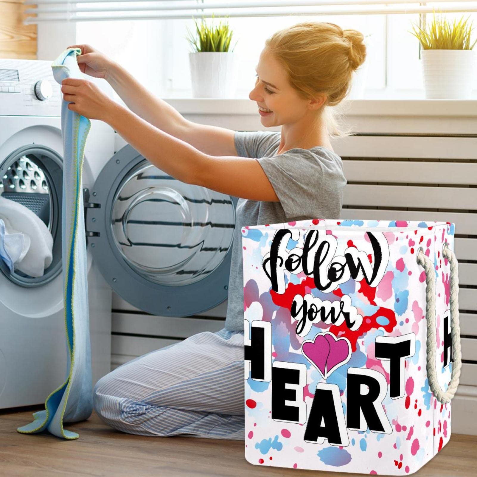 Cesta de lavandería con asas, diseño de acuarela con texto en inglés "Follow Your Heart", para guardar ropa en el dormitorio, baño, dormitorio