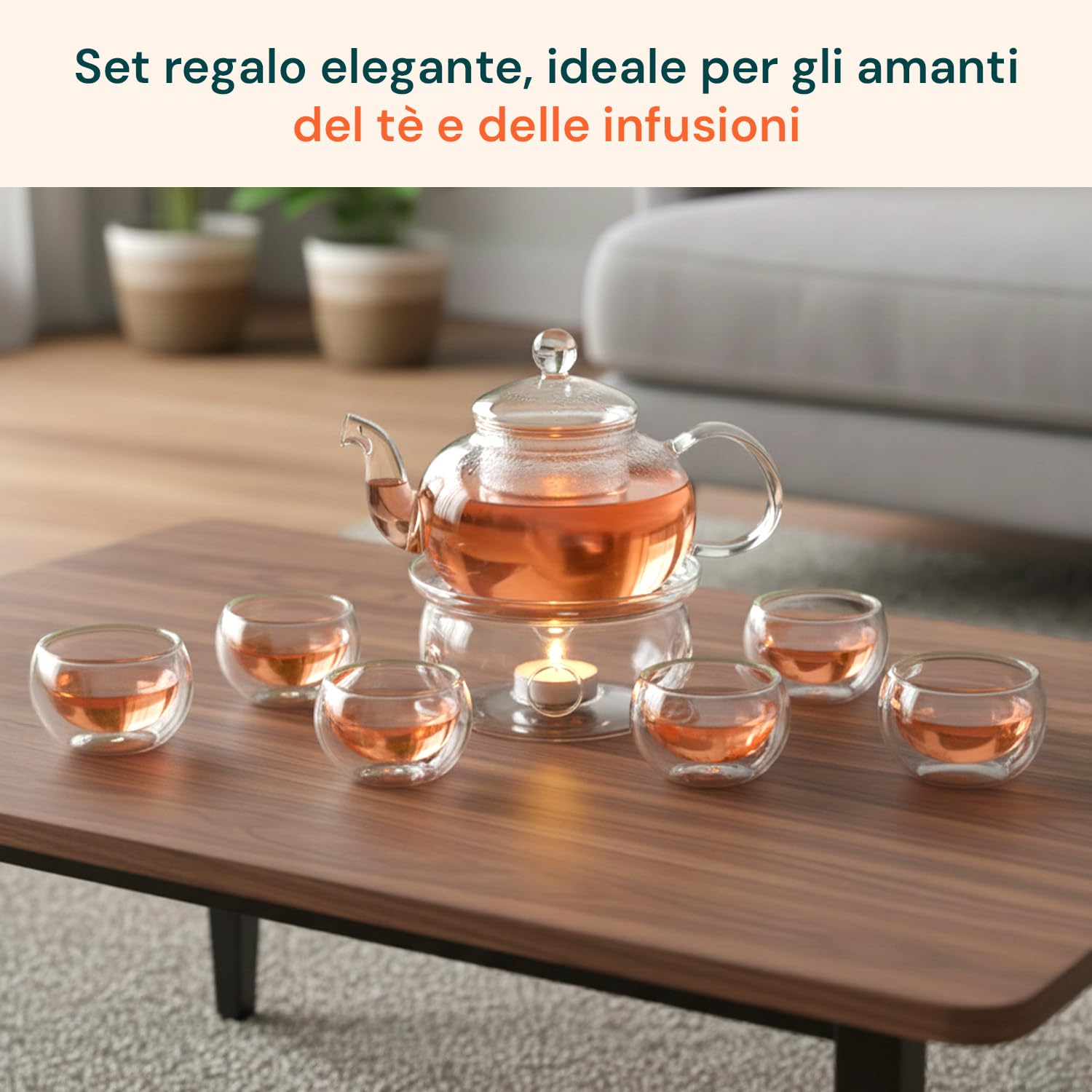 Avilia - Teiera in Vetro 600ml con Infusore e Base Portacandela, Set con 6 Tazzine Resistenti al Calore, Ideale per Tè Sfuso e Infusi, Elegante Idea Regalo Raffinata