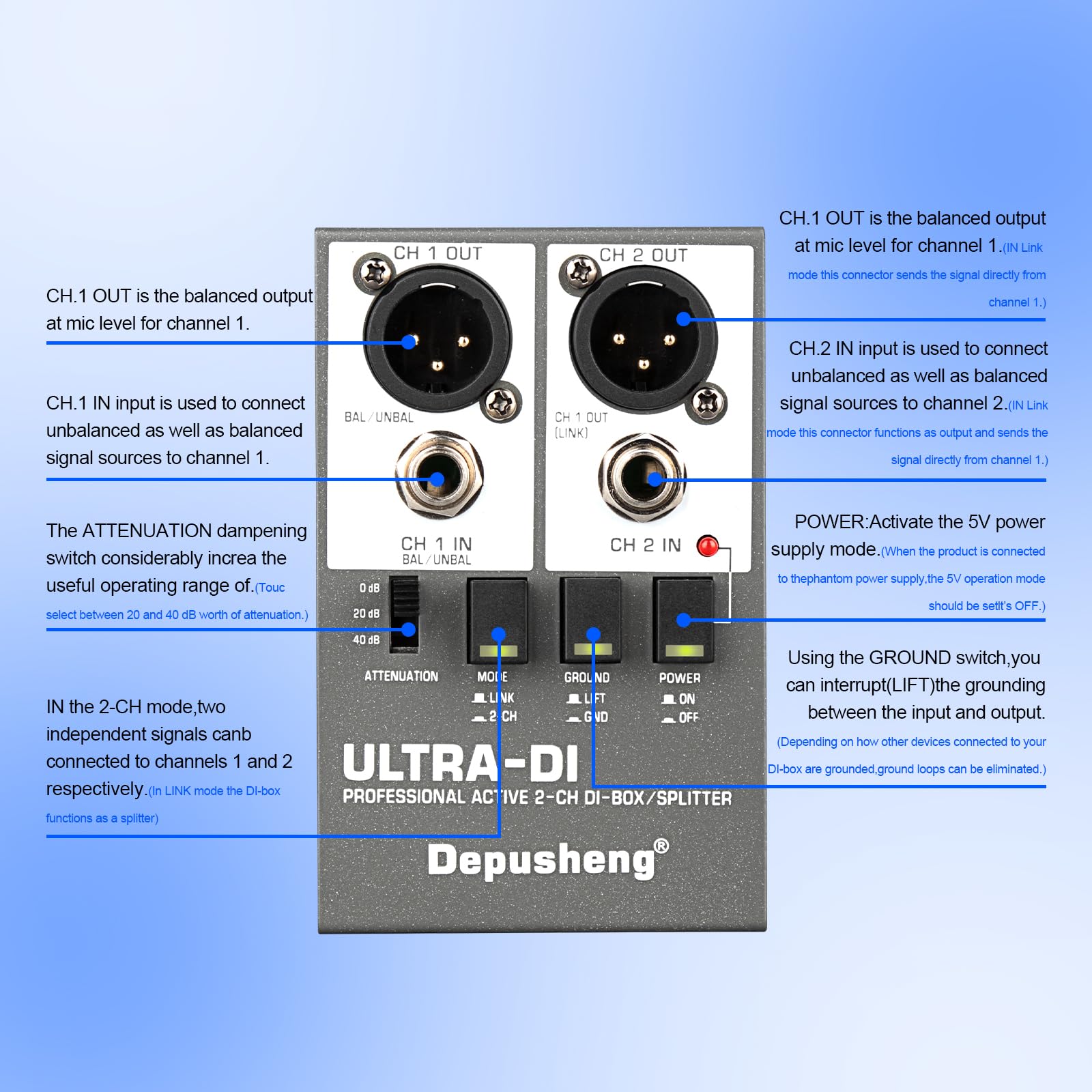 Depusheng Ultra-DI Di2 Professional Active DI-Box/Splitter a 2 canali con attenuatore di ingresso per collegare chitarra e basso, connettore bilanciato e sbilanciato, alimentazione 48V supportata