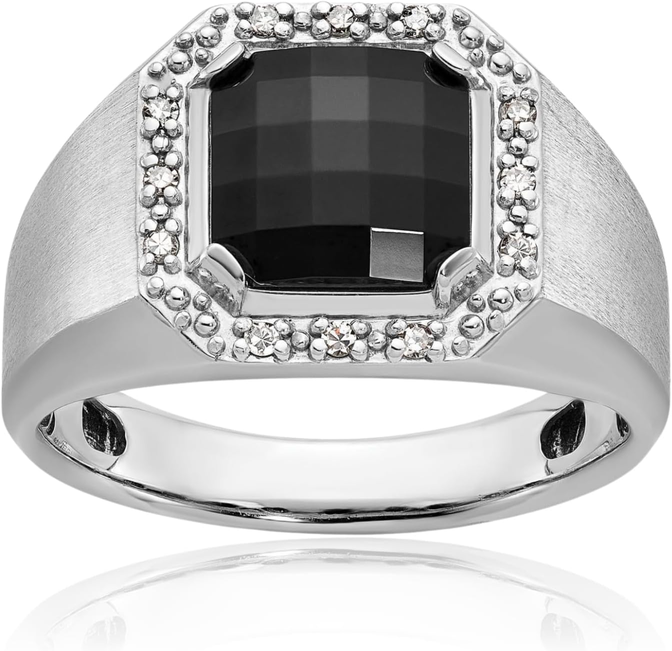 IceCarats 14K Solid White Gold 0.12 carat Black Onyx Diamond Statement Signet Ring Prong Set, Brushed