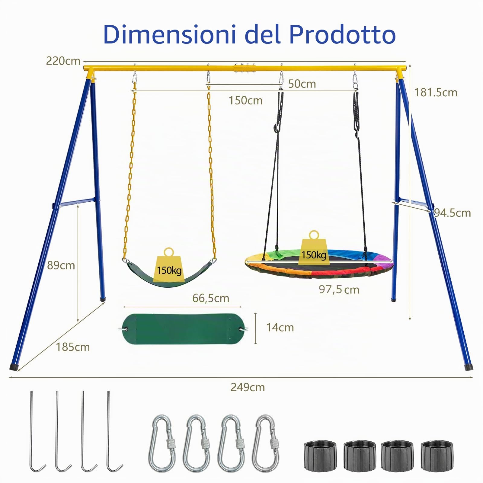 KOMFOTTEU Altalena per Bambini con 2 Sedili, Altalena da Giardino per Bambini 3+ Anni e Adulti, con Struttura in Metallo, Portata fino a 300 kg, Set di Altalene Doppio per Cortile, Parco