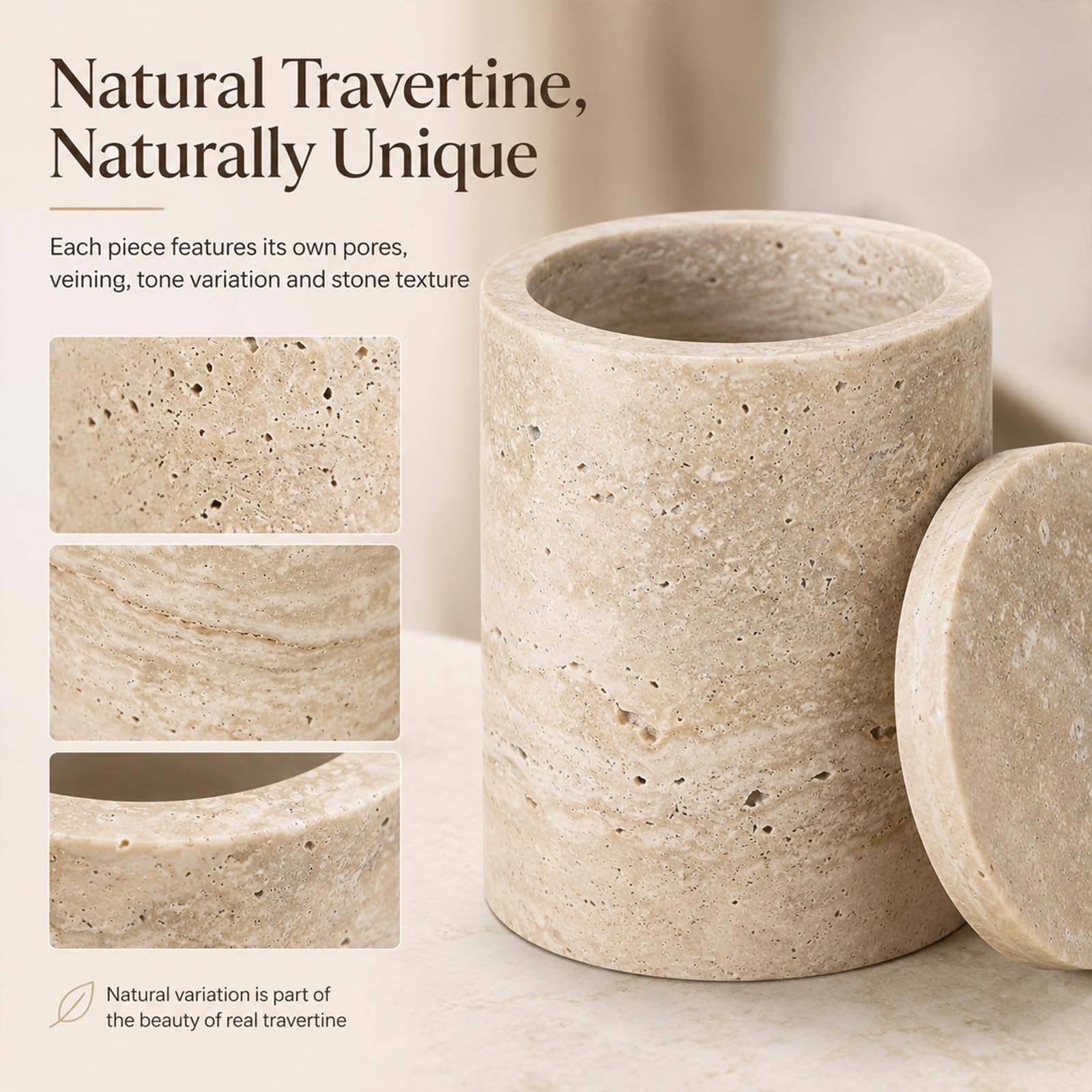 Caja redonda de travertino natural con tapa