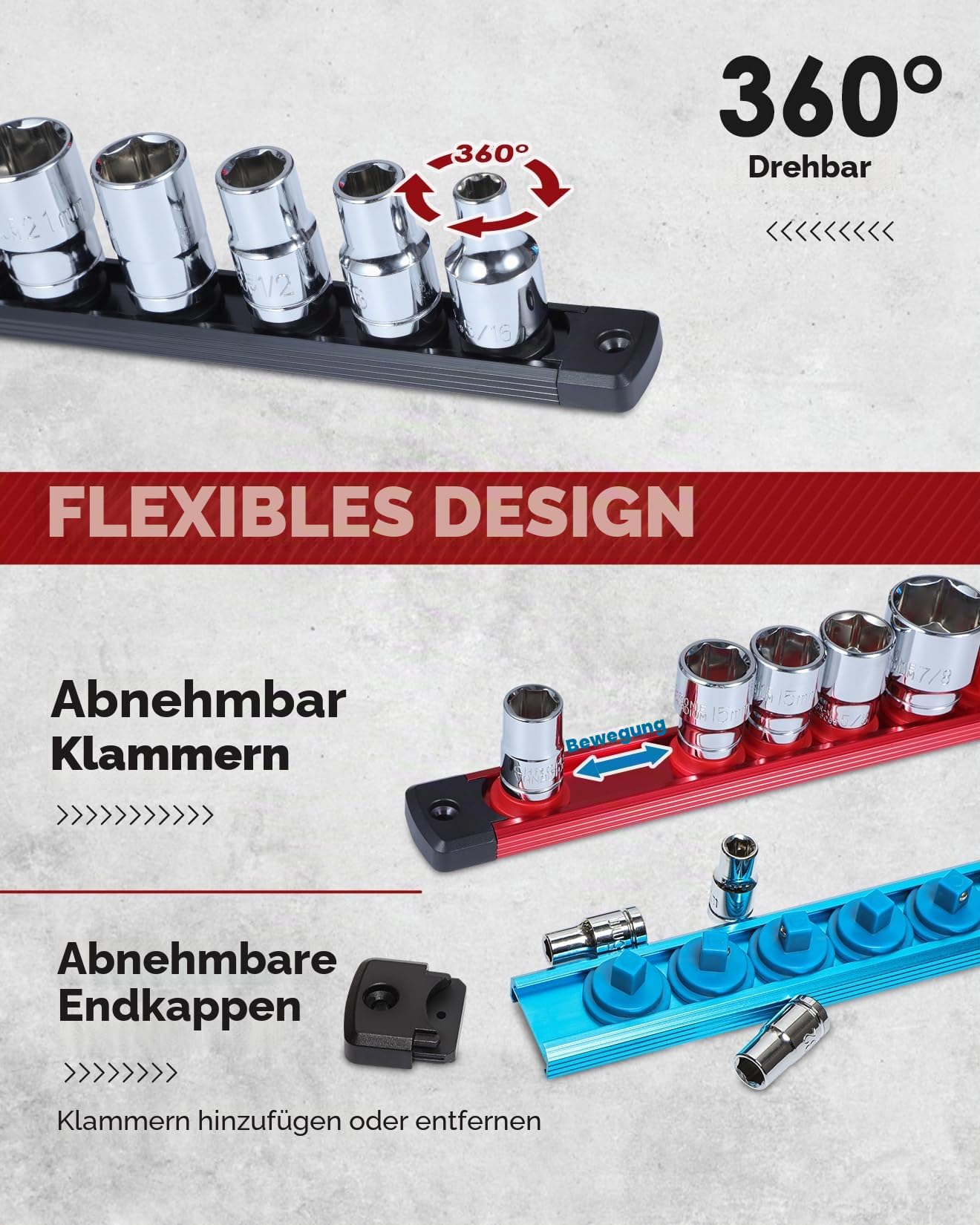 PINOZE Magnetischer Steckschlüsselhalter-Organizer-Set – 1/4, 3/8, 1/2 Zoll (1/2 Zoll), Aluminiumlegierung, für Werkzeugkasten, Schublade, Steckdosenregal-Set mit 114 Clips für Automobil-Garage (blau
