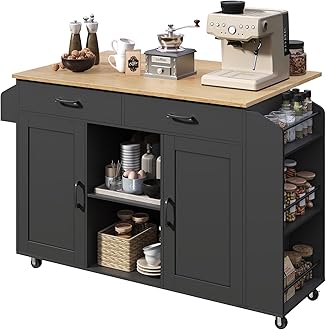 Mobile Kitchen Island, 52.8" Island Table for Kitchen, Rolling Kitchen Island, Kitchen Islands on Wheels with Drawer, Spice Rack, Towel Rack, Black and Natural KINB12801