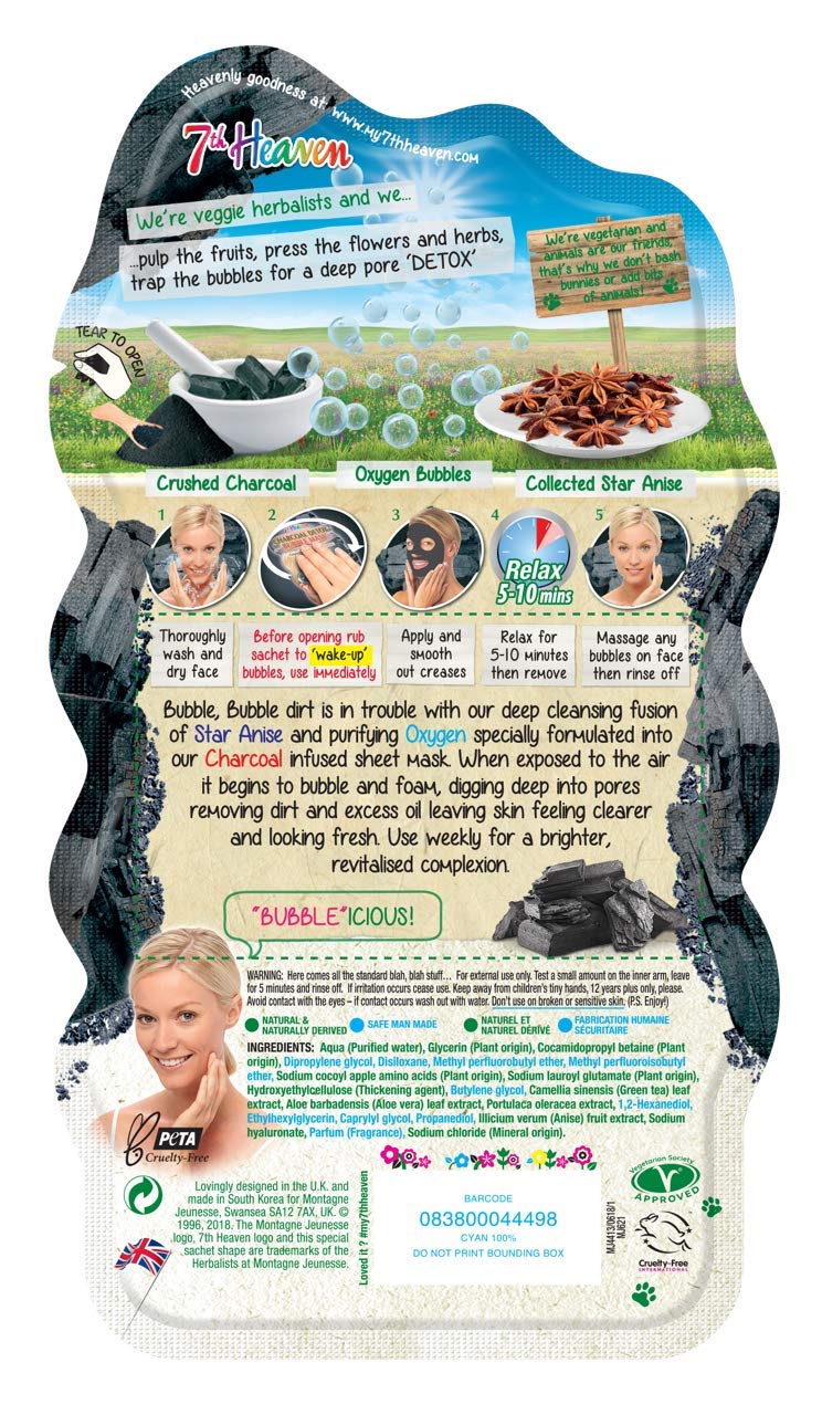 7th Heaven Charcoal Detox Bubble Sheet Face Mask with Purifying Charcoal and Cleansing Oxygen Bubbles for Quick Pore Purification - Ideal for All Skin Types