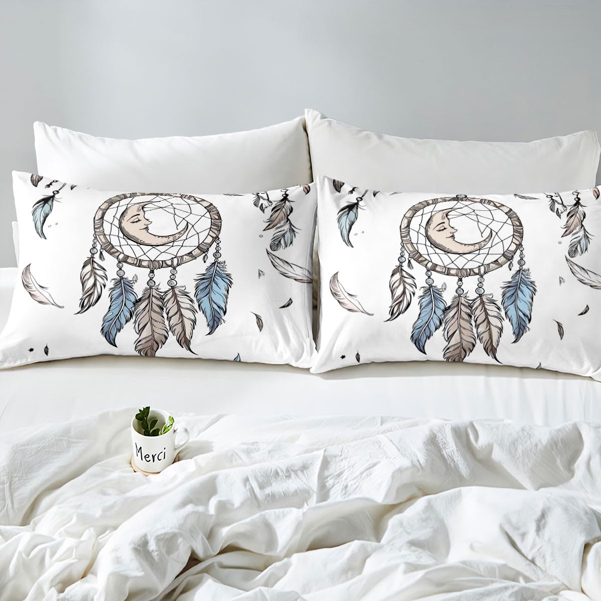 King Dreamcatcher poszewka na kołdrę dla dzieci, chłopców, dziewcząt, zestaw pościeli boho łapacz snów, zestawy łóżek z piórami w stylu boho, plemienna poszewka na kołdrę z 2 poszewkami na poduszki,