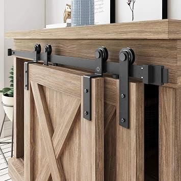 FREDBECK 5 FT Mini Cabinet Bypass Barn Door Hardware Kit Single Track 60inch Small Sliding Barn Doors Track Kit for Double Doors Storage Closet Window TV Stand Wardrobe No Cabinet