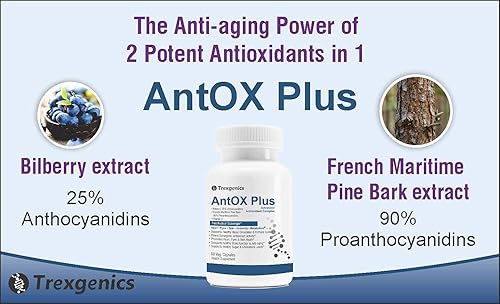 Miniatura 3 de A.K. Trexgenics ANTOX PLUS Arándano 25% 200 mg, corteza de pino 90% 200 mg y vitamina C Complejo antioxidante avanzado, corazón, ojos, piel,
