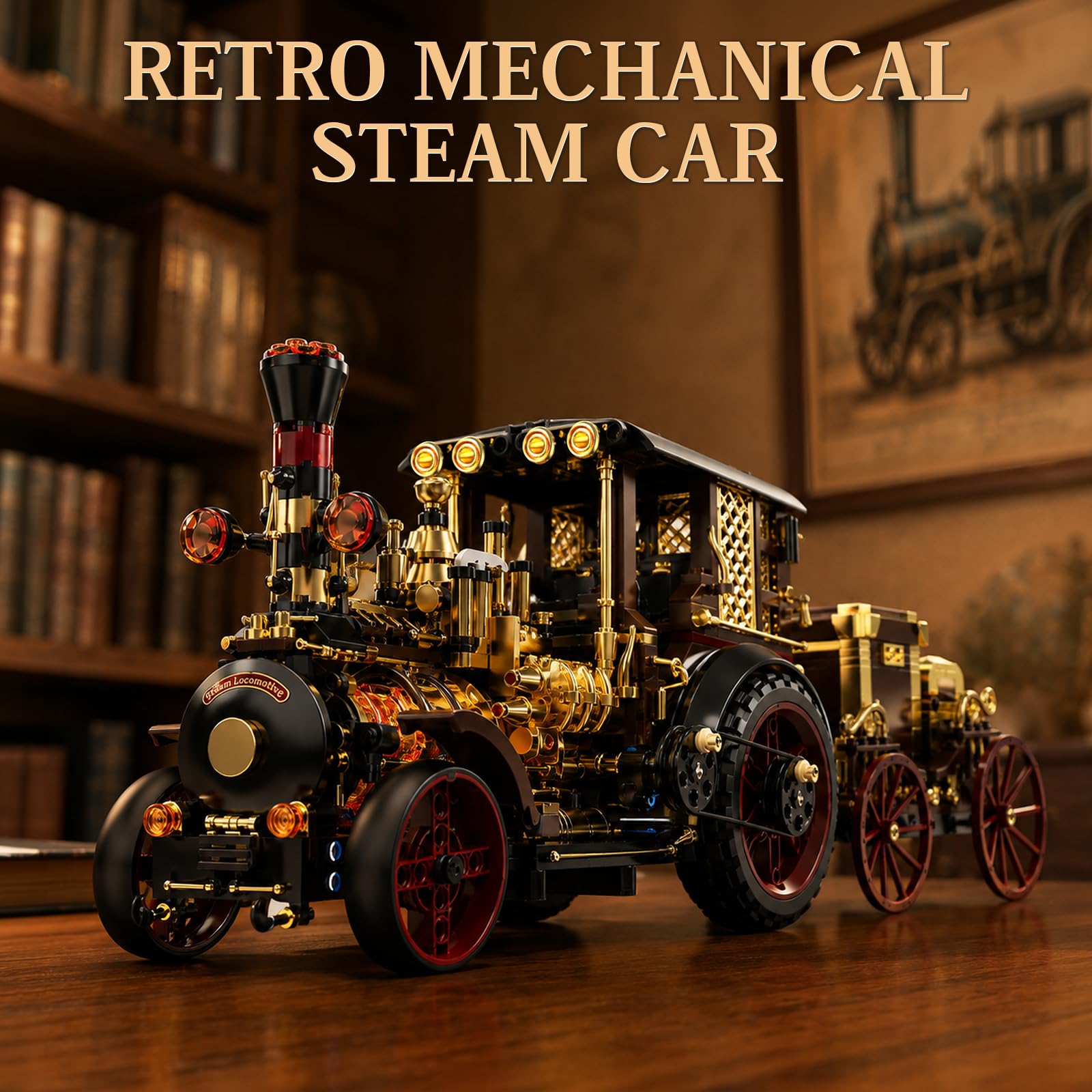 Vziimo Retro Dampfauto Bausteine für Erwachsene, MOC Oldtimer Bausatz mit Beleuchtung, Steampunk Fahrzeug Modellbausatz, Sammel und Ausstellungsgeschenke für Liebhaber antiker Fahrzeuge (1331 Teile)