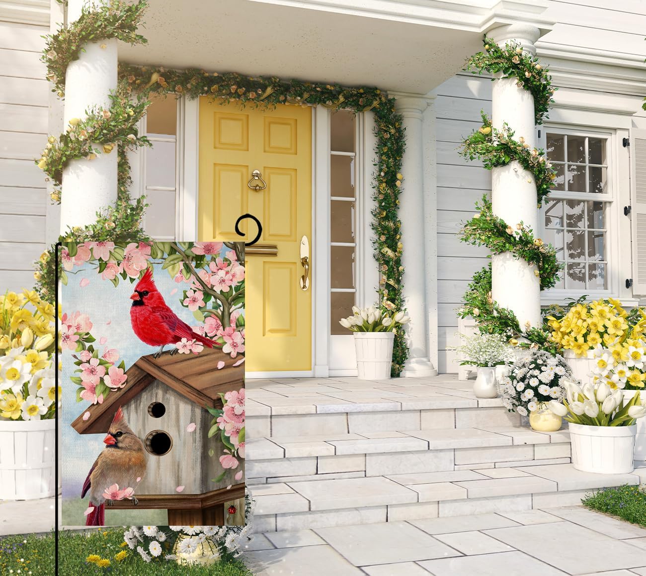 BLKWHT Spring Cardinal Bird Garden Flag 12x18 Vertical Double Sided Pink Flowers Tree Summer Farmhouse Holiday Outside Decorations Burlap Yard Flag BW792 - Image 3