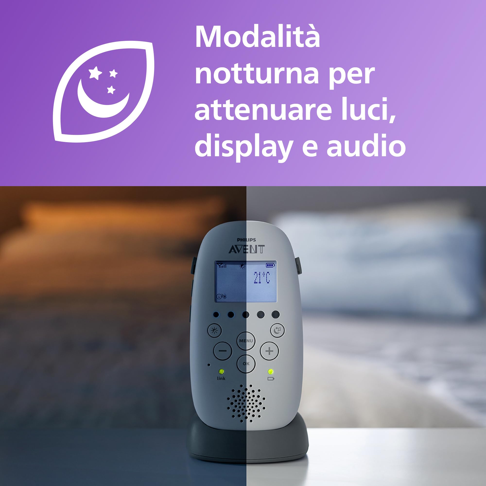 Philips Avent DECT Audio Baby Monitor SCD733/26 con luce notturna e proiettore stelline, portata 330 m, autonomia 24 ore